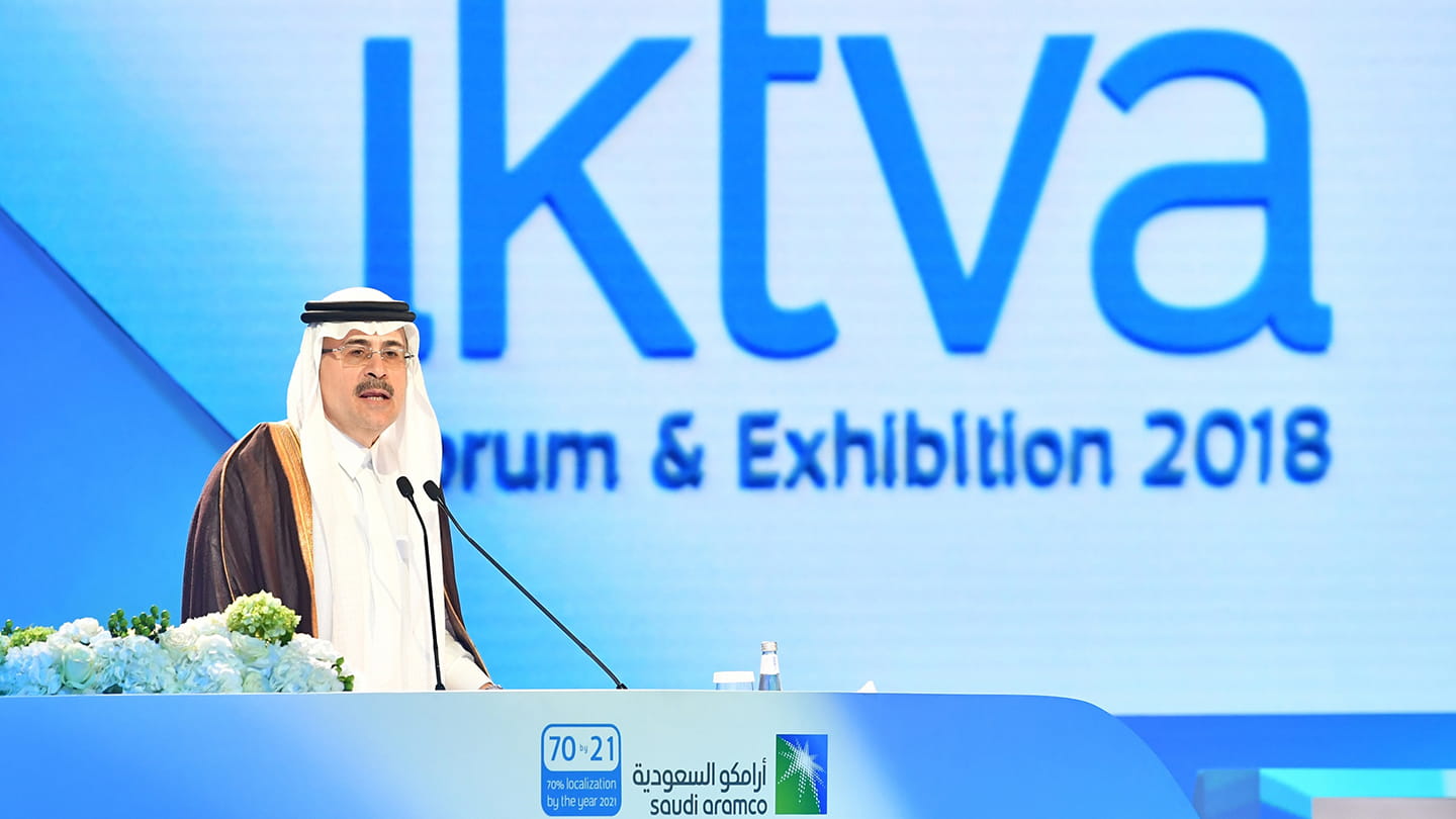 Saudi Aramco president and CEO holding speech at iktva 2018